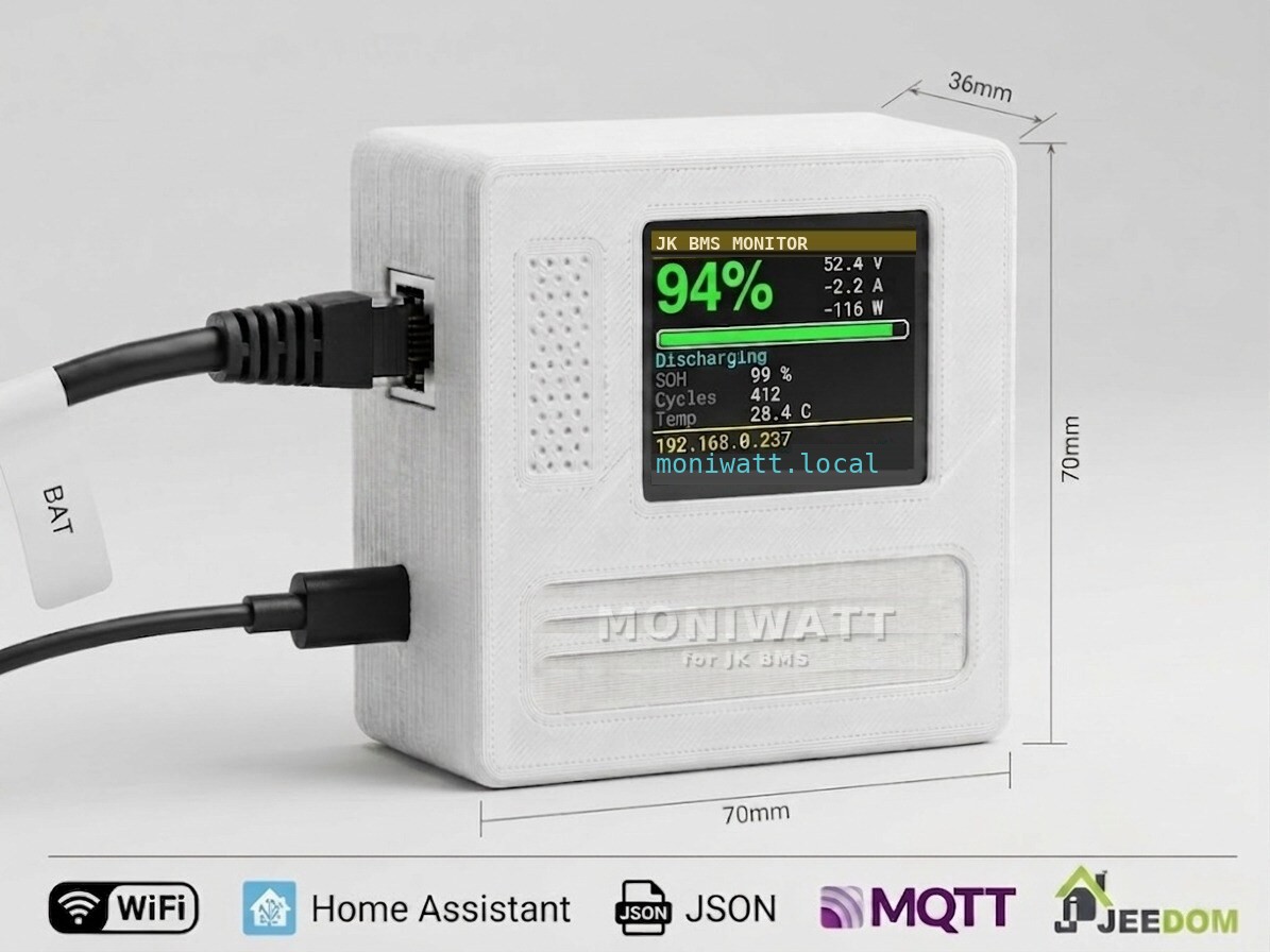 JK BMS Monitor Wi-Fi box with screen showing pack charge, voltage and current